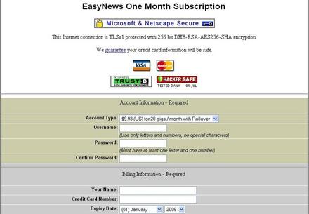 Easynews Üyelik Ekranı